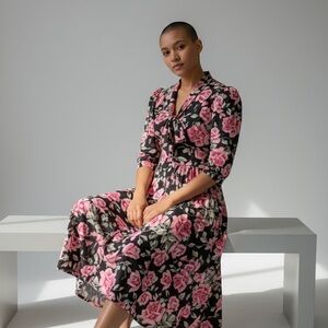 Vintage 1980s Tiona Barrie Pink Black Floral Dress Short Sleeves Size 12 Made US